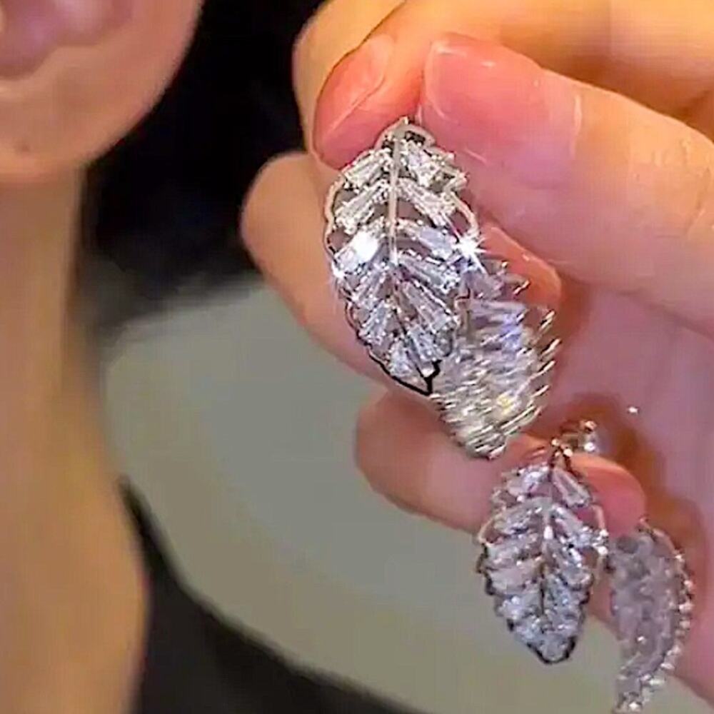 Double Edge Side Zircon Earrings, Feather Dangle Wedding Anniversary B…